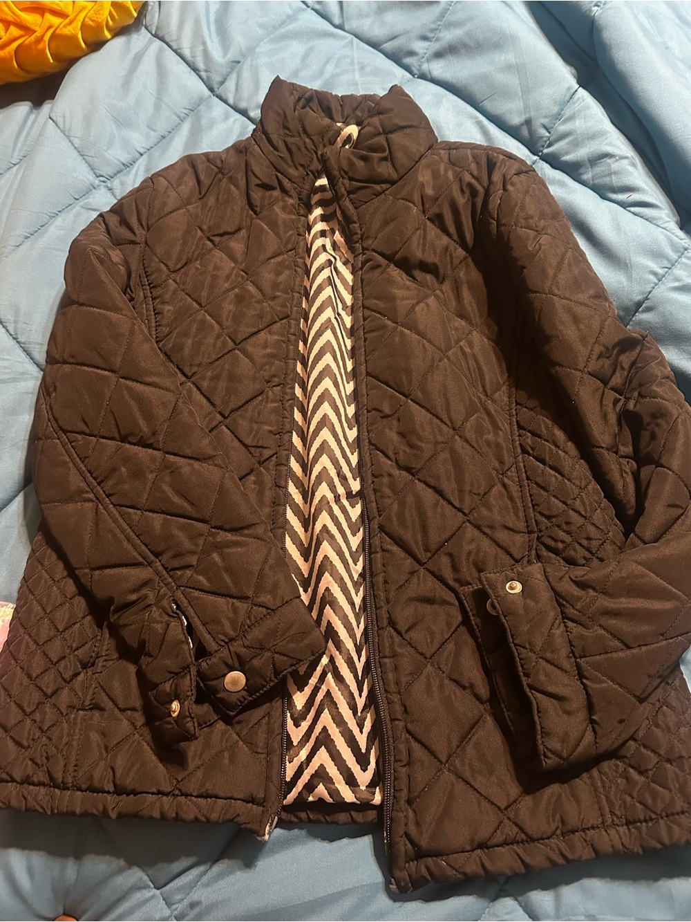Jane Ashley Brown Quilted Puffer Jacket with Chevron Liner